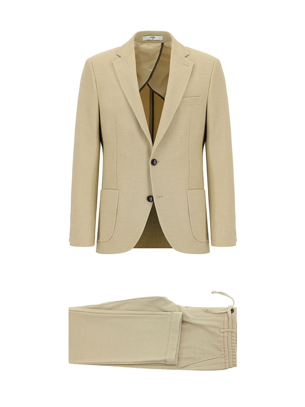 Bej Regular Fit Çizgili Beli Lastikli İpli Takım Elbise