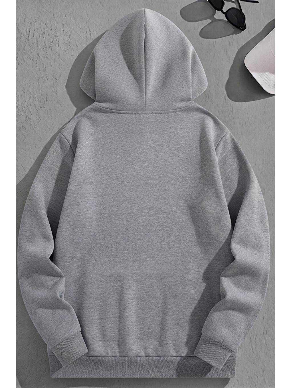 Unisex 3 İplik Pamuklu Gri Smile Baskı Bol Kalıp Sweatshirt Hoodie-1