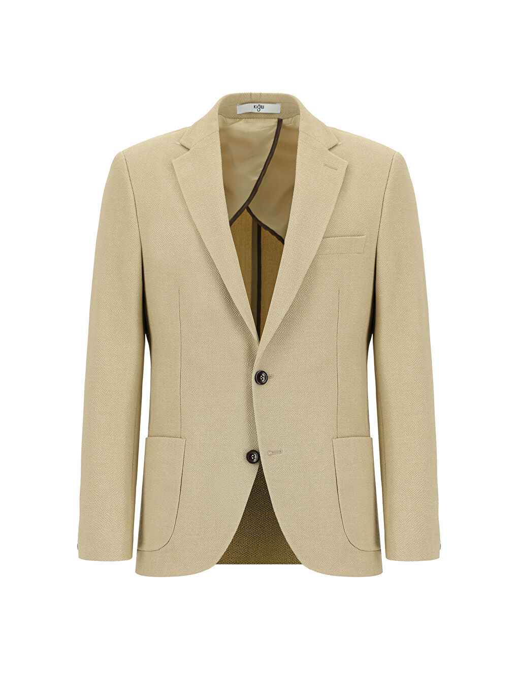 Bej Regular Fit Çizgili Beli Lastikli İpli Takım Elbise-1