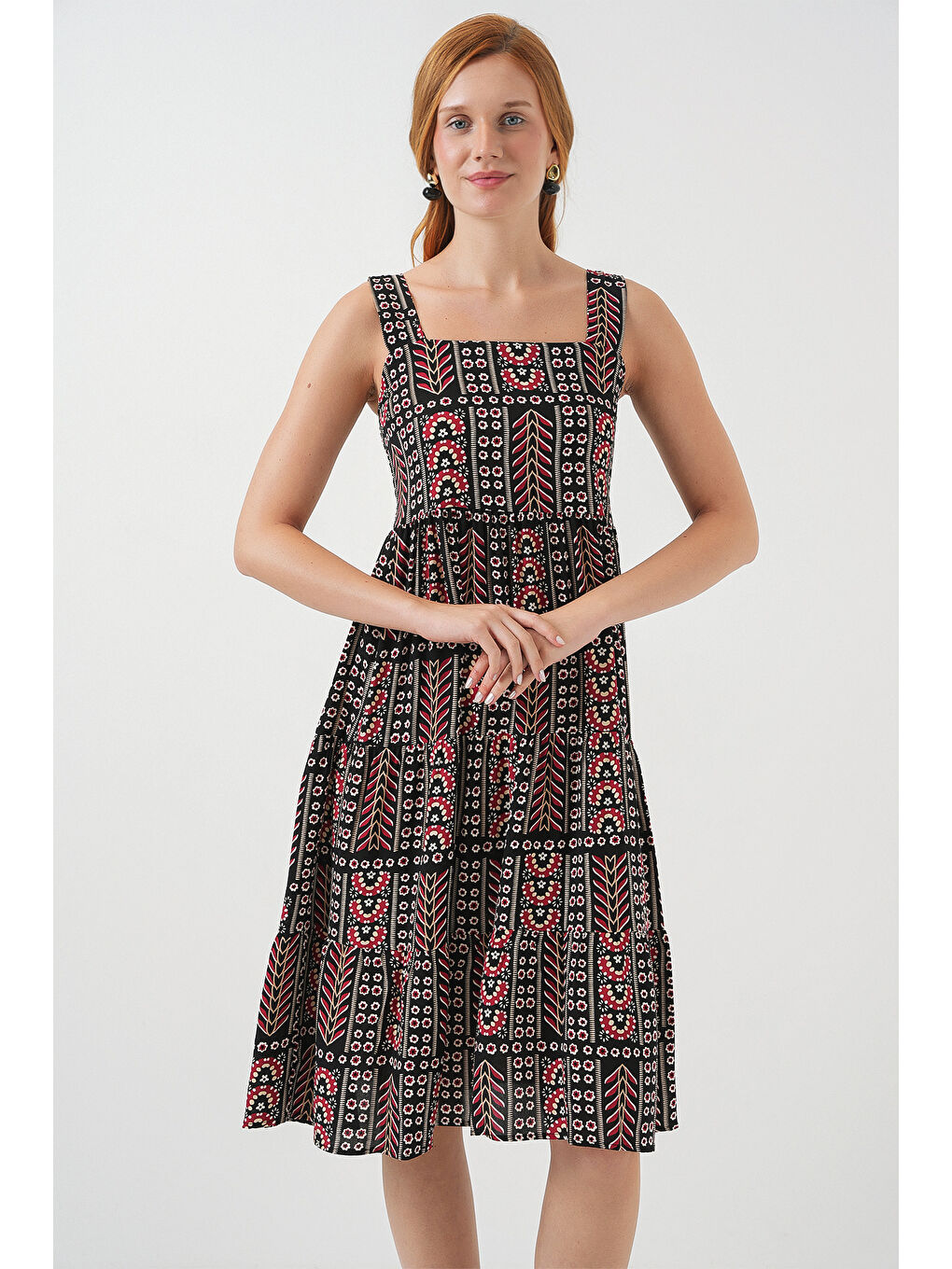 Kadın Desenli Askılı Midi Elbise 2577 - Siyah-2