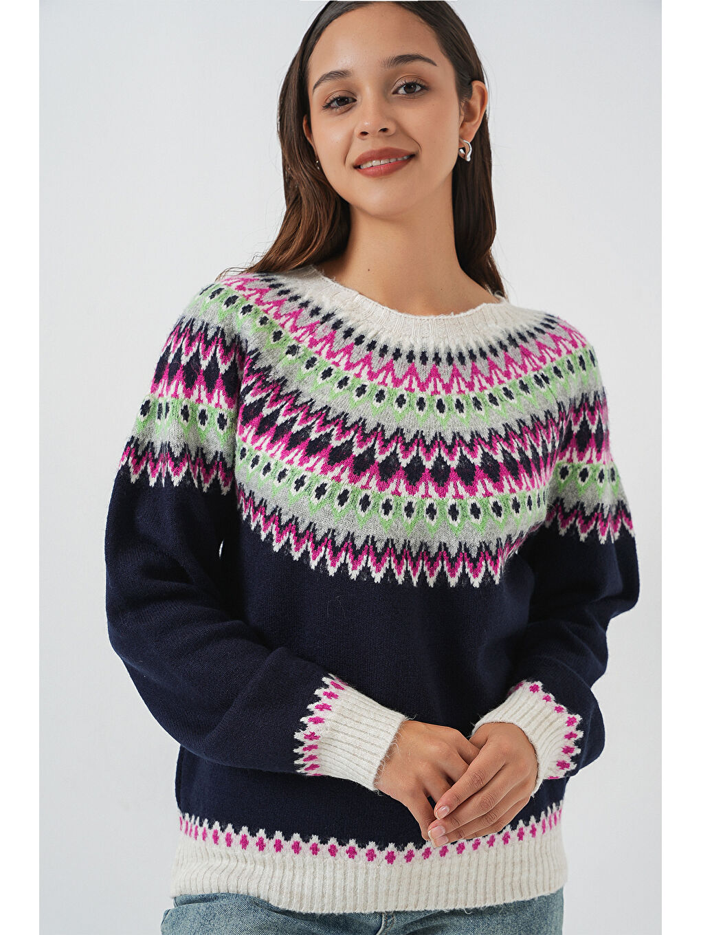 Kadın Desenli Triko Kazak 15932 - Lacivert-3