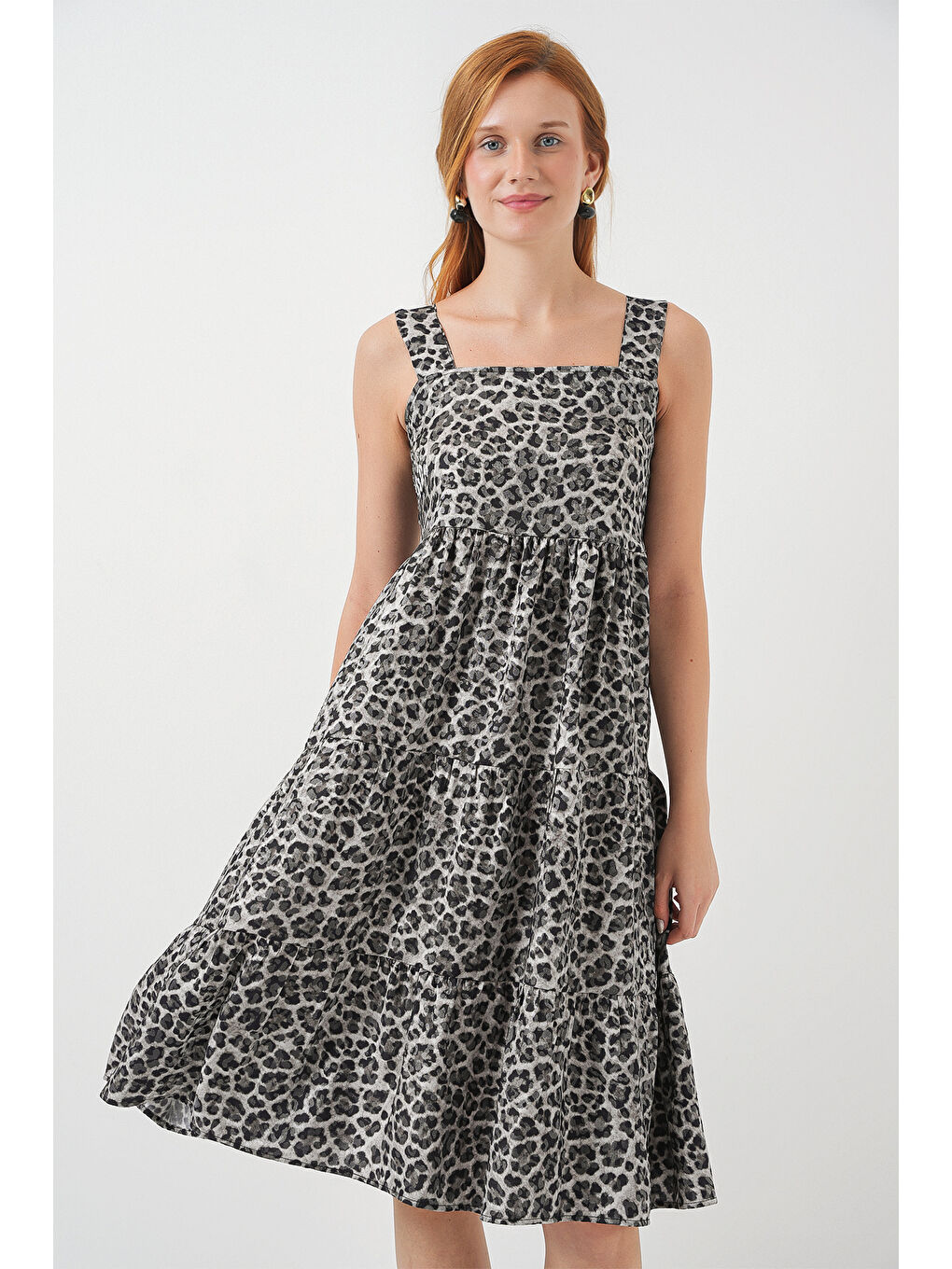 Kadın Desenli Askılı Midi Elbise 2577 - Antrasit