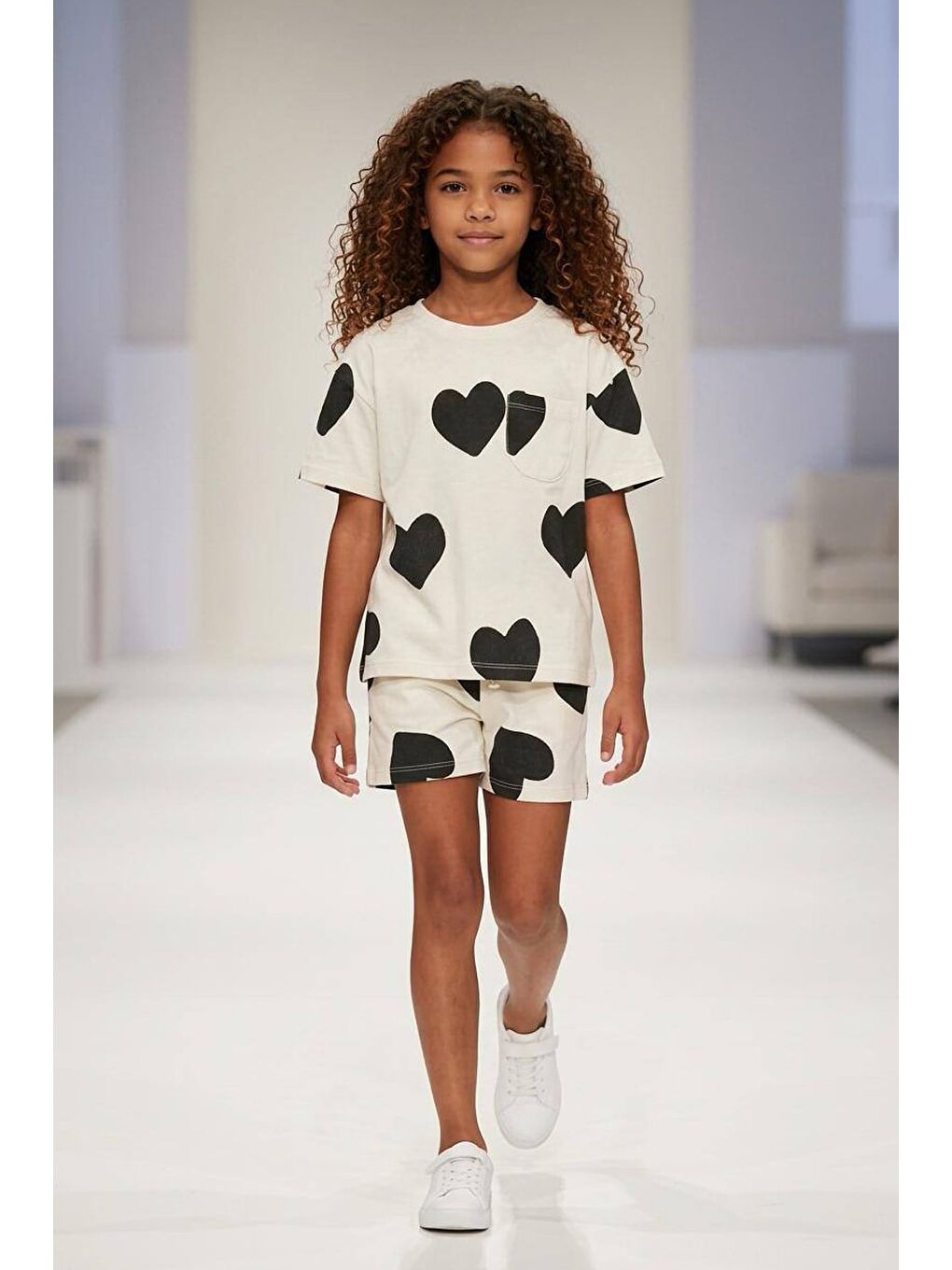 Lila Kız Çocuk Pamuklu Kalp Baskılı T-Shirt Ve Şort Alt Üst Takım