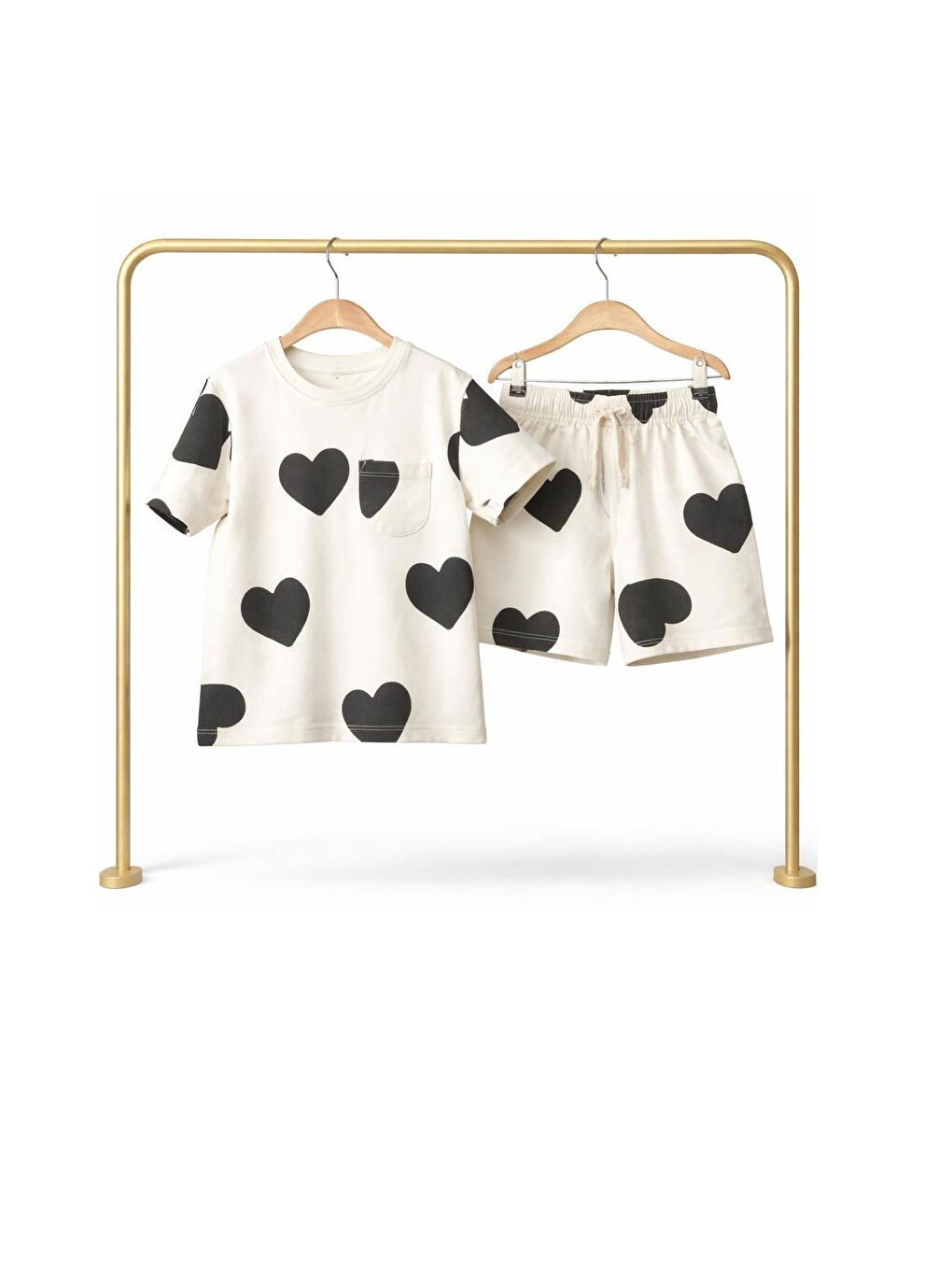 Lila Kız Çocuk Pamuklu Kalp Baskılı T-Shirt Ve Şort Alt Üst Takım-1