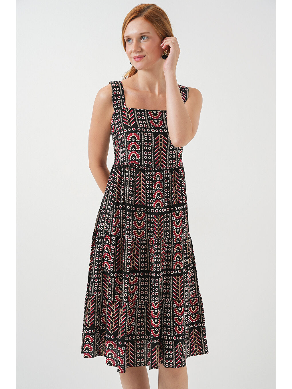 Kadın Desenli Askılı Midi Elbise 2577 - Siyah-3