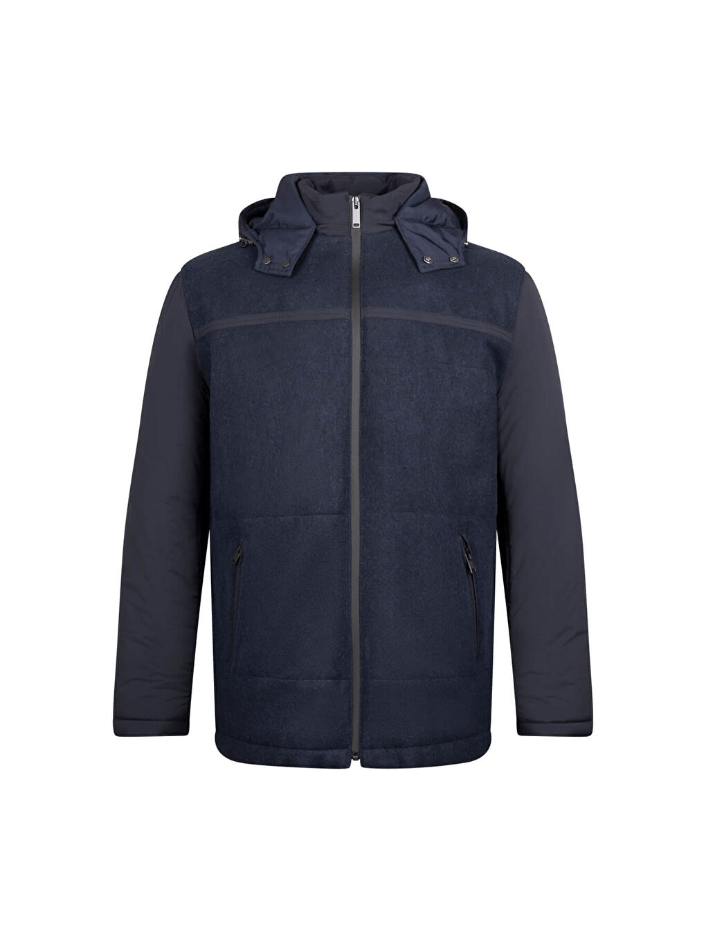 Lacivert Regular Fit Hakim Yaka Yünlü Kapüşonlu Şişme Mont