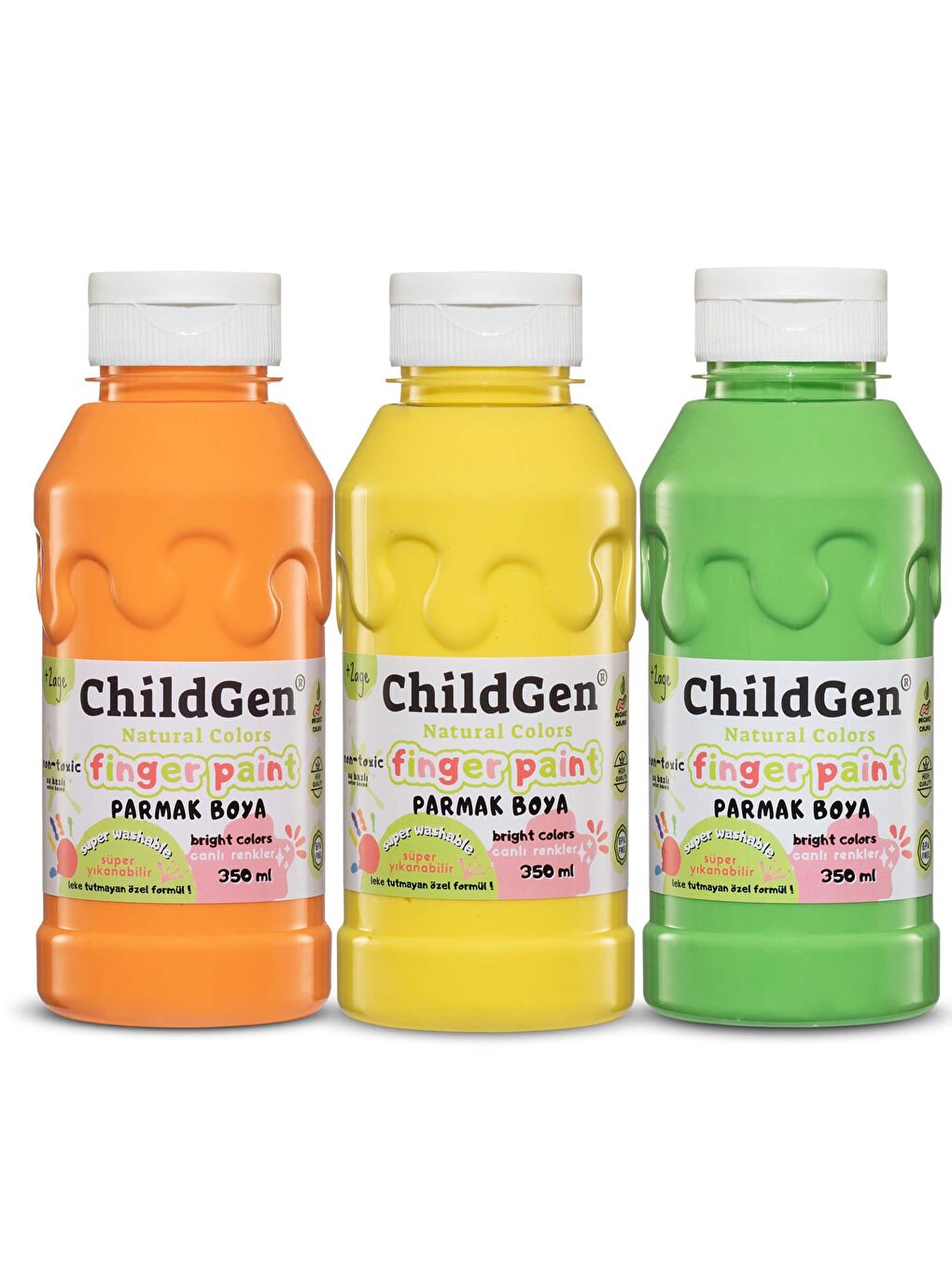 ChildGen Karışık Süper Yıkanabilir 3'lü Parmak Boya Pastel Set (3x350ml) (Turuncu-Sarı-Yeşil) - 1