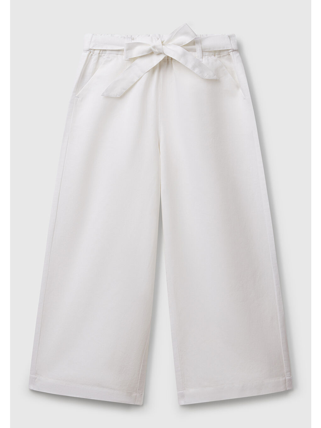 Kız Çocuk Beyaz Keten Karışımlı Beli Dikişli Kuşaklı Geniş Paça Pantolon