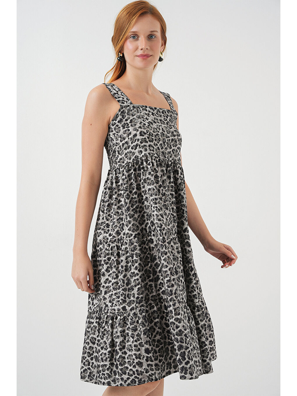 Kadın Desenli Askılı Midi Elbise 2577 - Antrasit-2