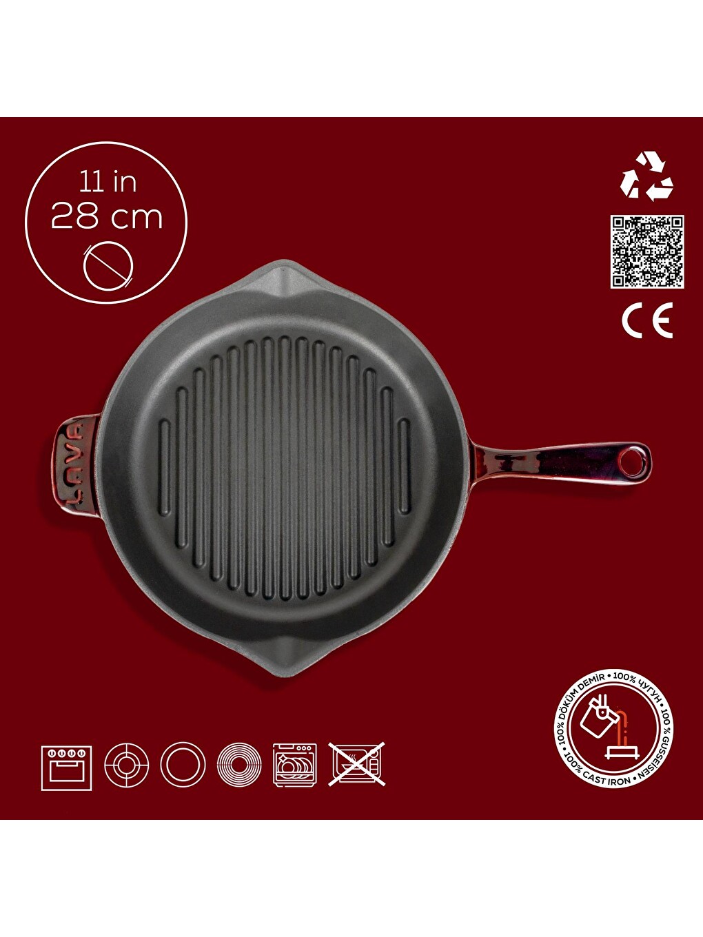 Kırmızı Yuvarlak Izgara Tavası Döküm Demir Yekpare Saplı Premium Serisi. Çap(ø)28cm.-3