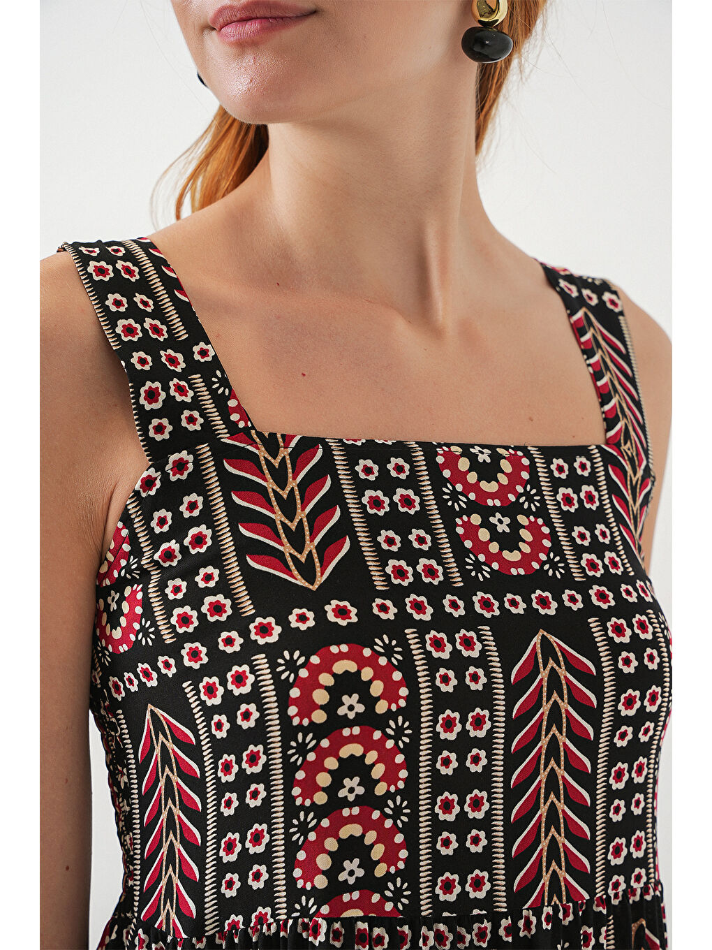 Kadın Desenli Askılı Midi Elbise 2577 - Siyah-4