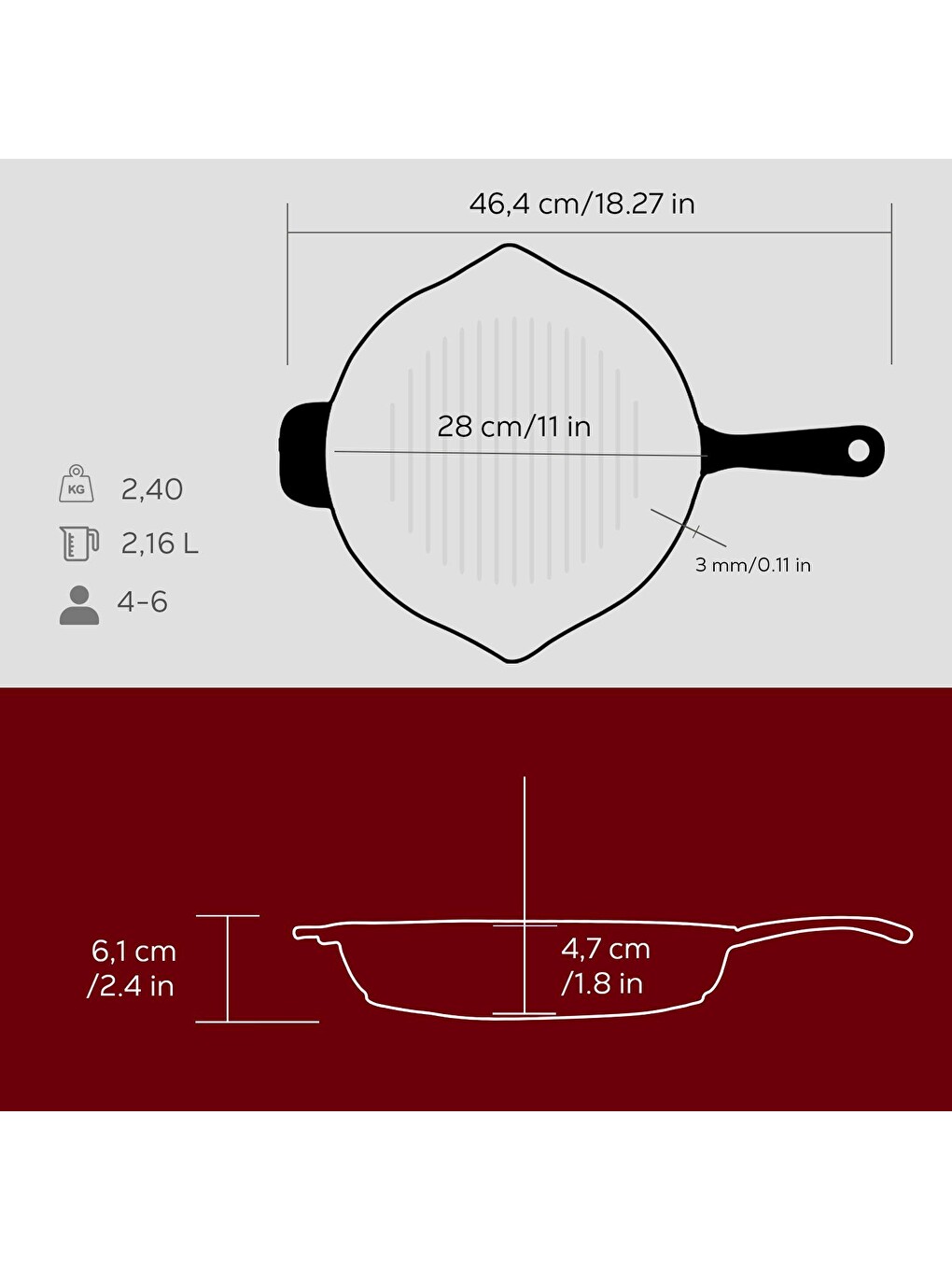Kırmızı Yuvarlak Izgara Tavası Döküm Demir Yekpare Saplı Premium Serisi. Çap(ø)28cm.-4