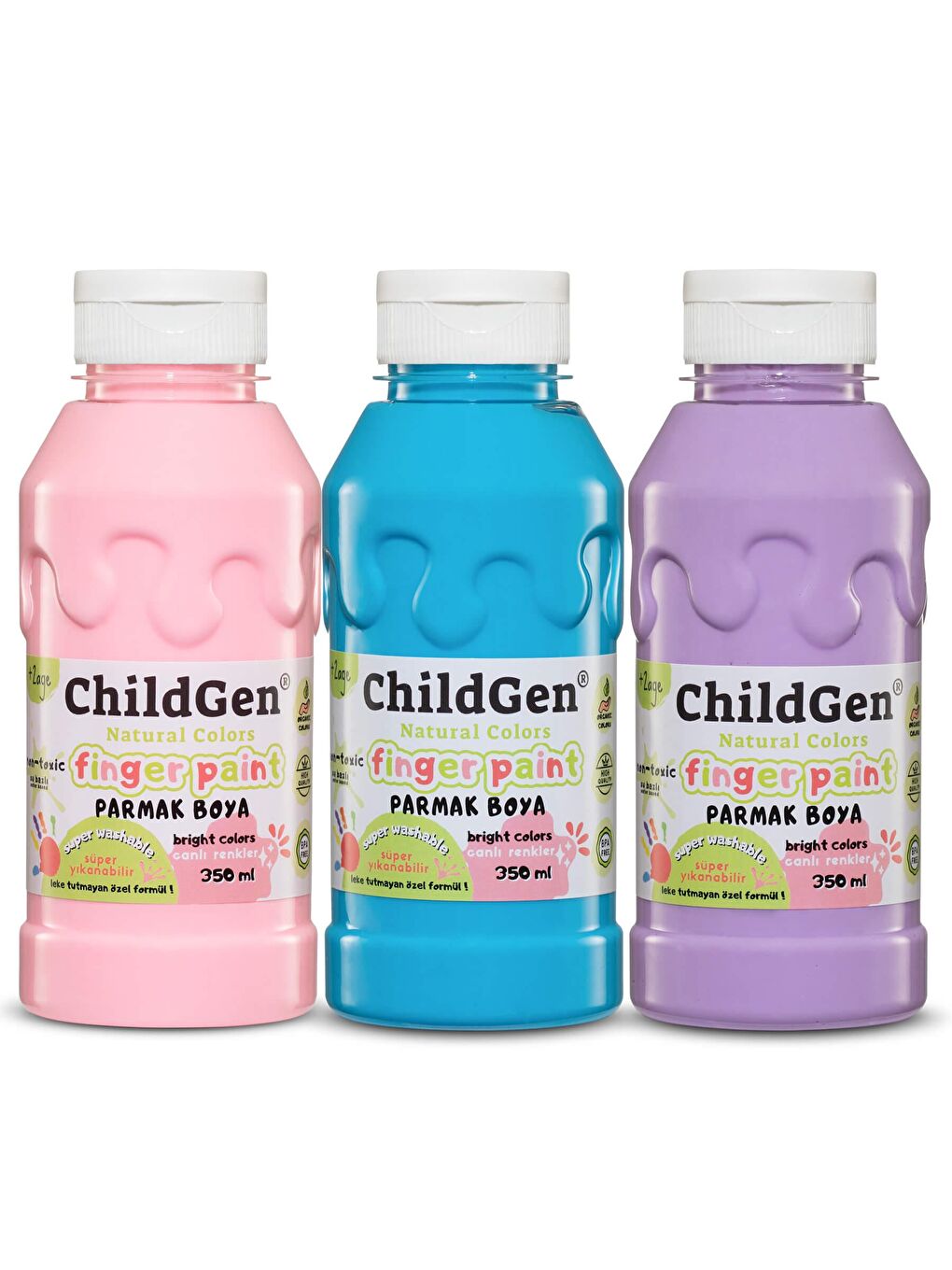 ChildGen Karışık Süper Yıkanabilir 3'lü Parmak Boya Pastel Set (3x350ml) (Pembe-Mavi-Mor) - 1