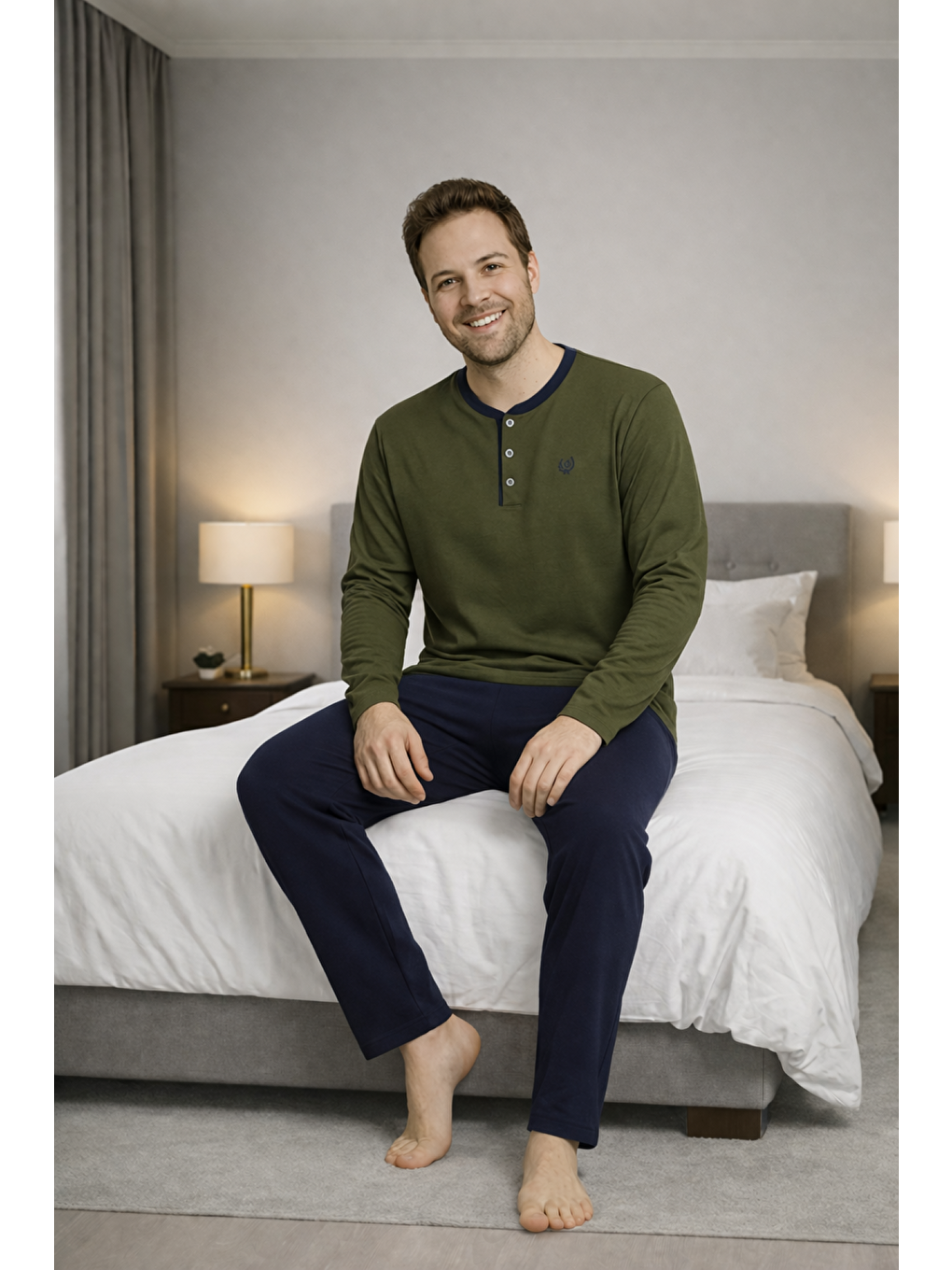 Haki Erkek %100 Doğal Pamuk Uzun Kollu Düğmeli Yüksek Kaliteli Pijama Takımı