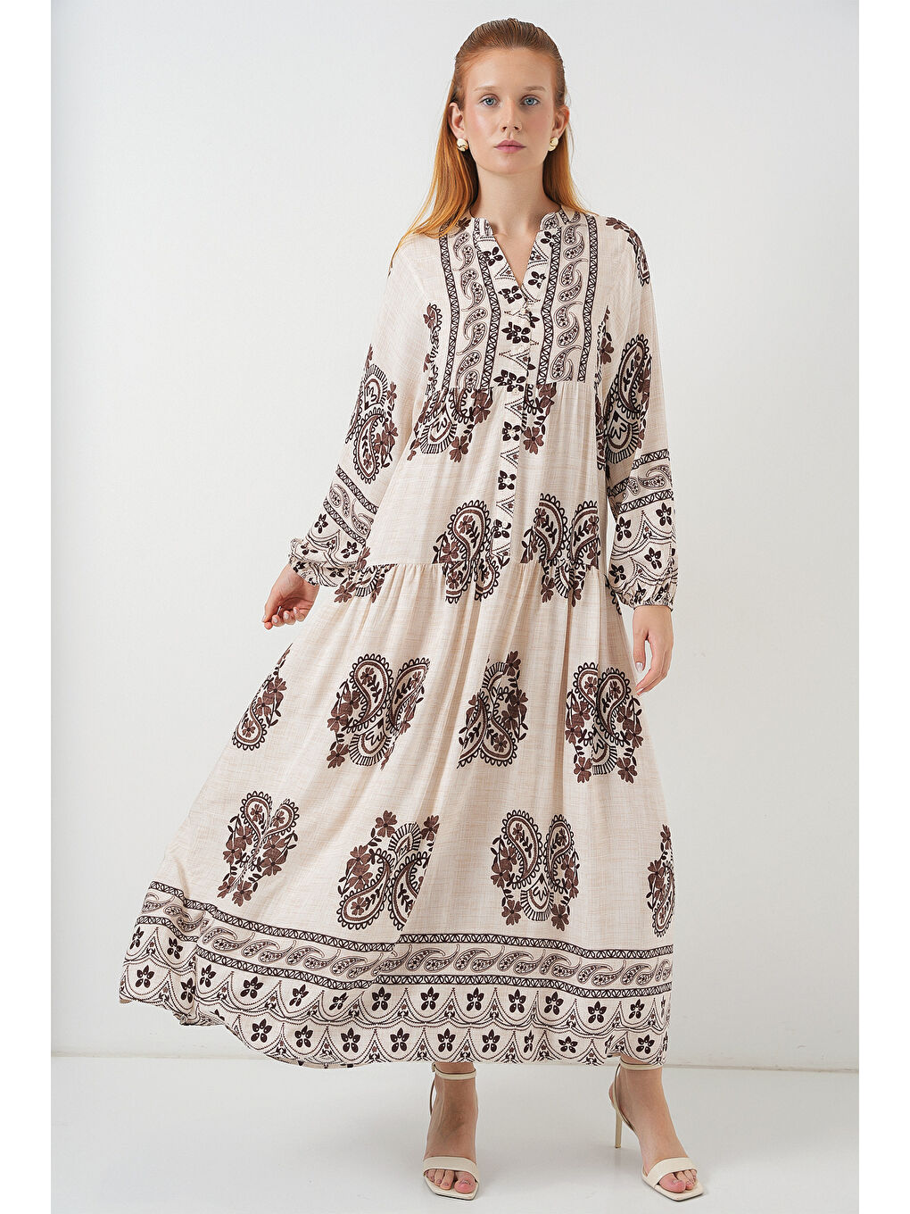 Kadın Desenli Uzun Tesettür Elbise 2585 - M. Kahverengi