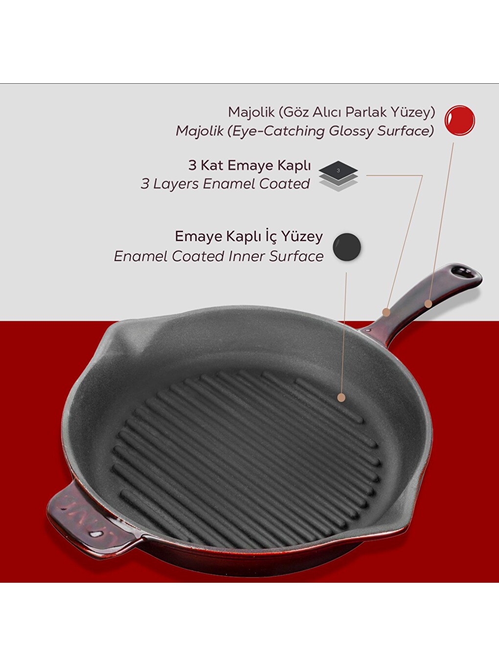Kırmızı Yuvarlak Izgara Tavası Döküm Demir Yekpare Saplı Premium Serisi. Çap(ø)28cm.-5