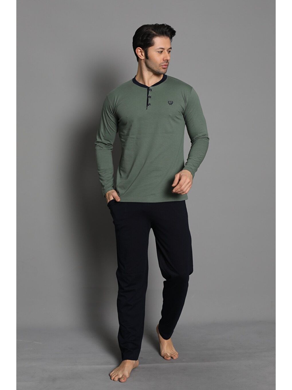 Haki Erkek %100 Doğal Pamuk Uzun Kollu Düğmeli Yüksek Kaliteli Pijama Takımı-1