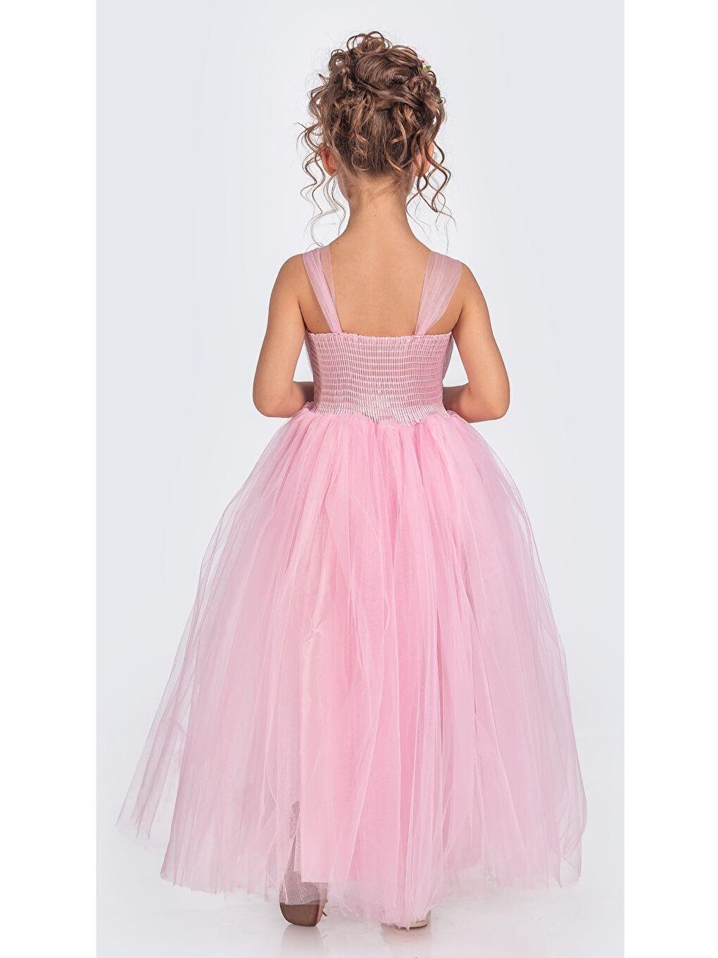 Pembe Sırt Gipeli Tütü Etek Kız Çocuk Saten Parti Abiye Elbise-1