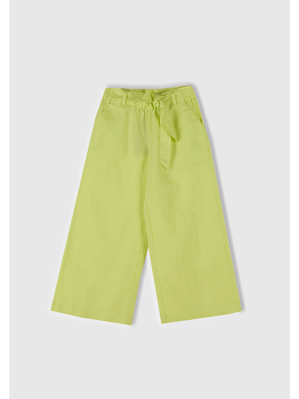 Kız Çocuk Sarı Keten Karışımlı Beli Dikişli Kuşaklı Geniş Paça Pantolon
