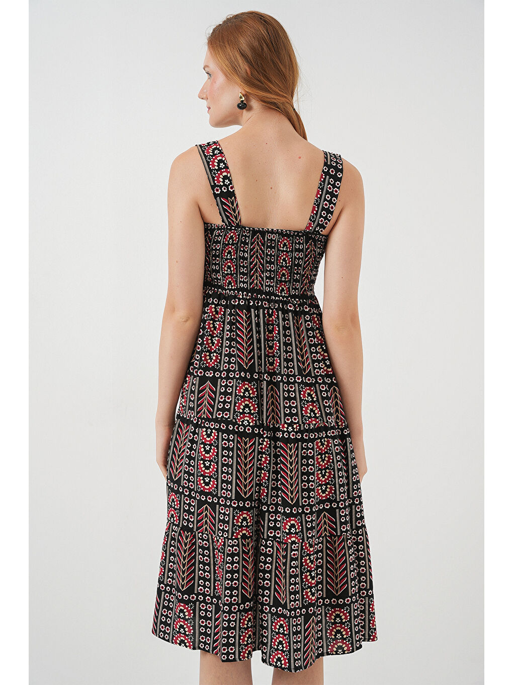 Kadın Desenli Askılı Midi Elbise 2577 - Siyah-5