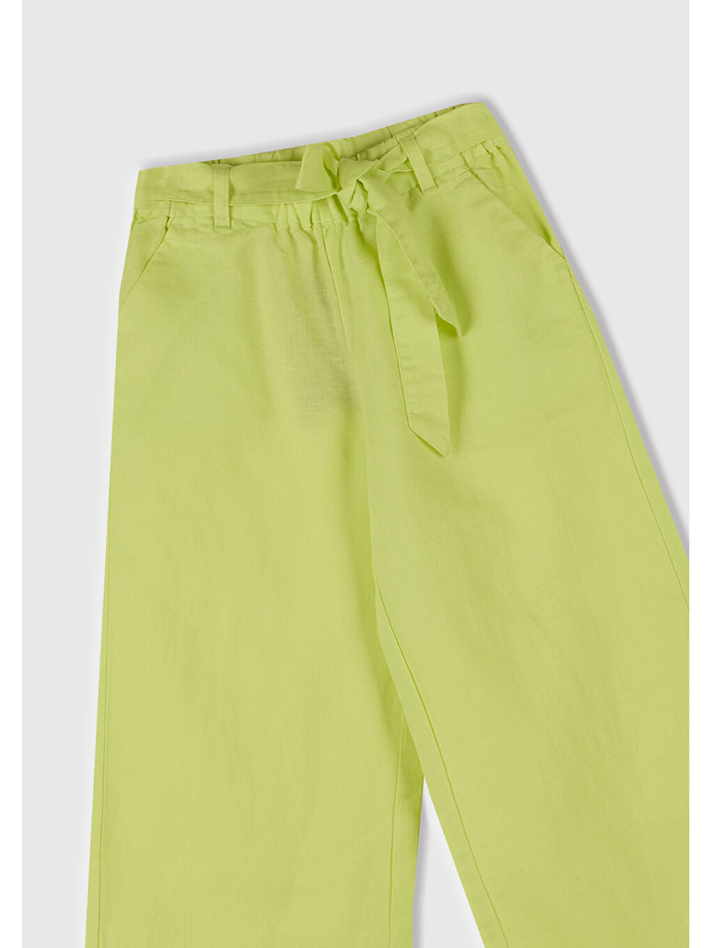 Kız Çocuk Sarı Keten Karışımlı Beli Dikişli Kuşaklı Geniş Paça Pantolon-1