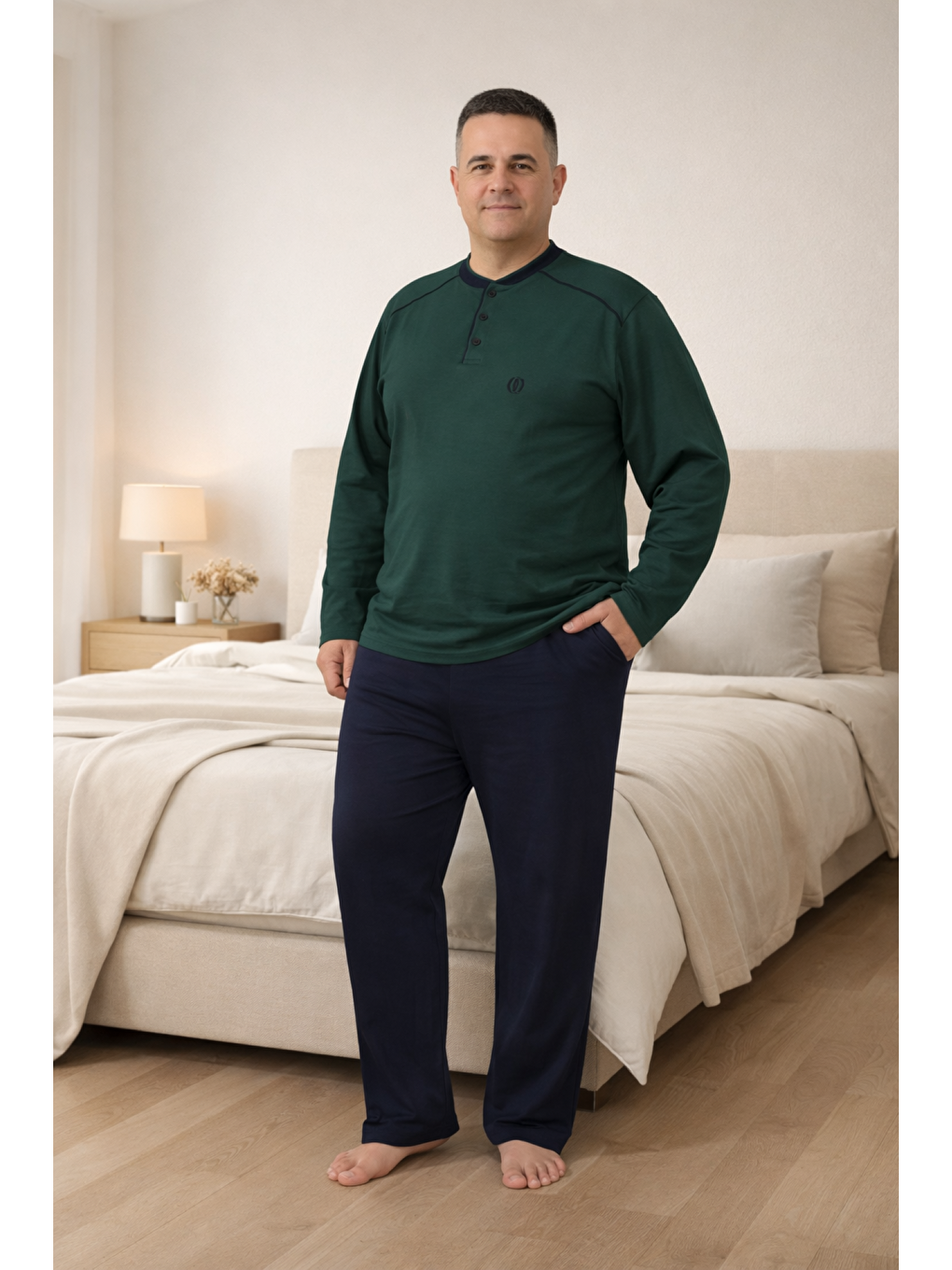 Haki PREMIUM Erkek %100 Doğal Pamuk Biyeli Yüksek Kaliteli Düğmeli Uzun Kollu Battal Pijama Takımı