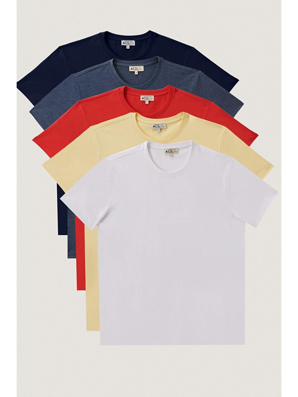 Erkek Beyaz-lacivert-sarı-kırmızı-indigo Melanj Slim Fit Dar Kesim Bisiklet Yaka 5'li Tişört Paketi