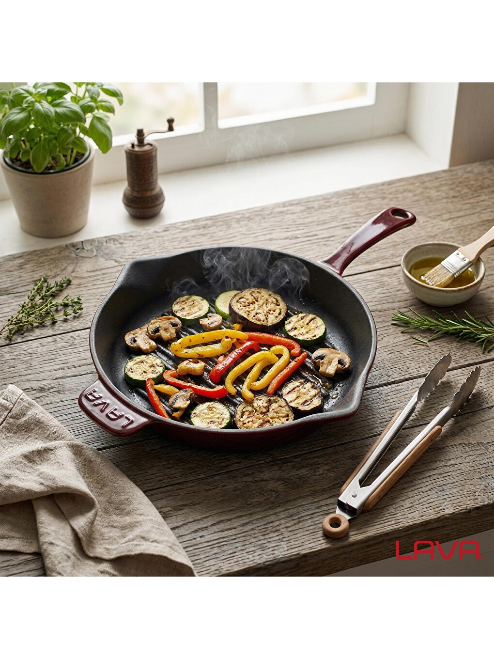 Kırmızı Yuvarlak Izgara Tavası Döküm Demir Yekpare Saplı Premium Serisi. Çap(ø)28cm.-6