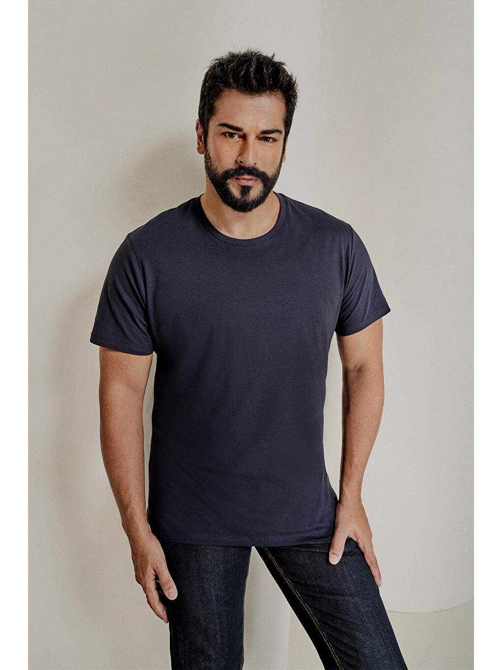 Erkek Beyaz-lacivert-sarı-kırmızı-indigo Melanj Slim Fit Dar Kesim Bisiklet Yaka 5'li Tişört Paketi-2
