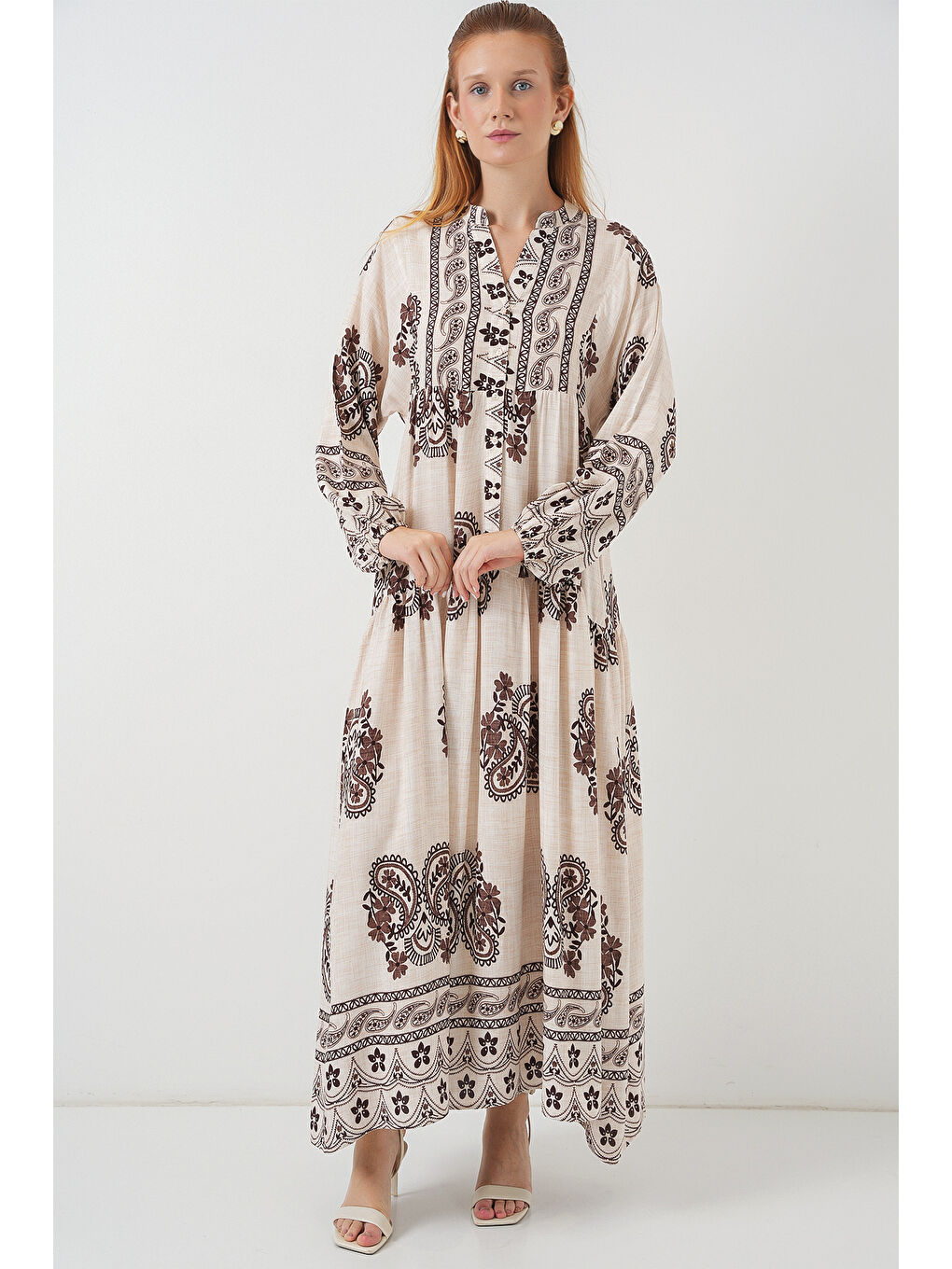 Kadın Desenli Uzun Tesettür Elbise 2585 - M. Kahverengi-1