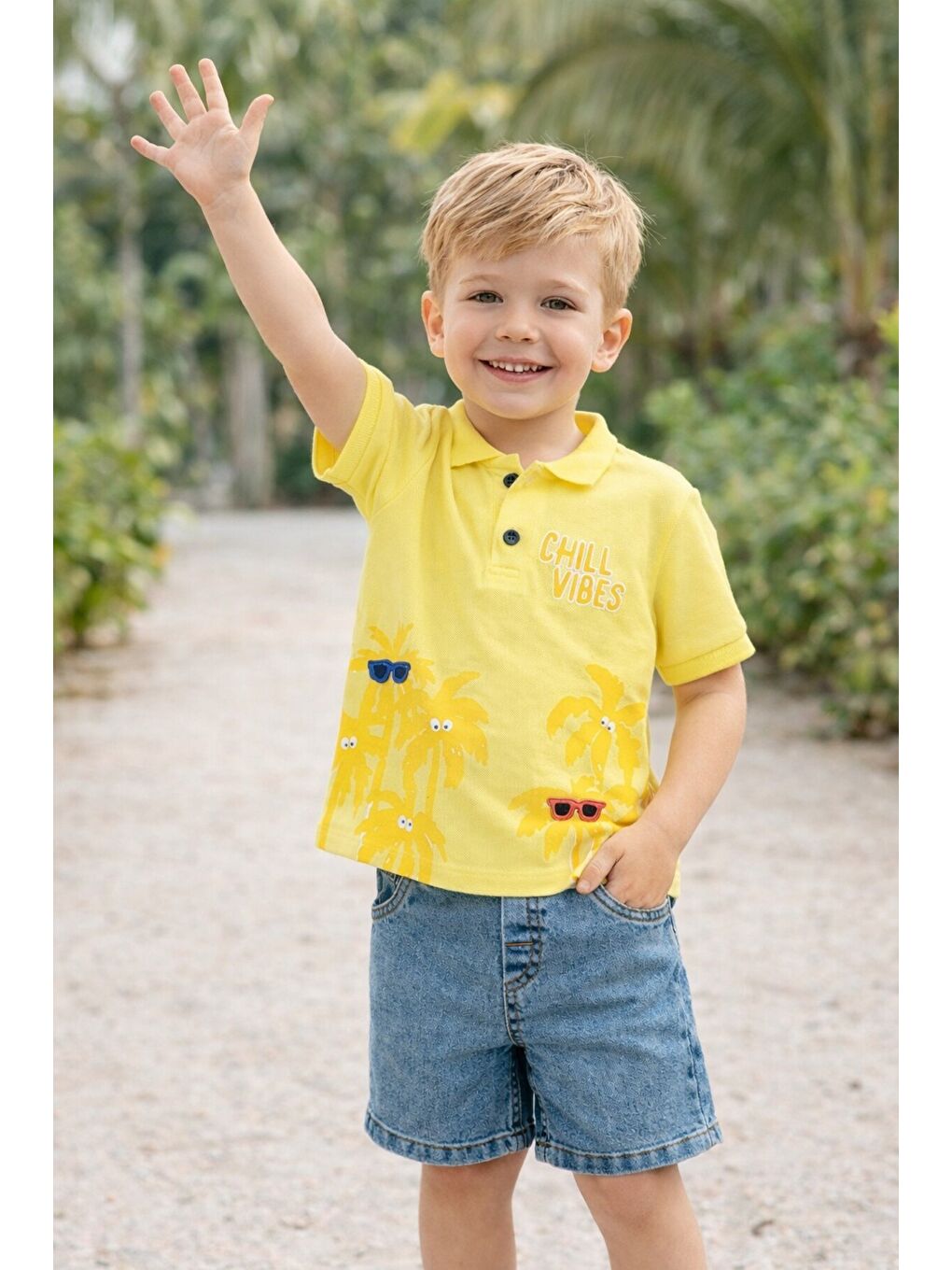 Sarı Tarz Lakos Palmiye Desenli Belden Ayarlanabilir Kısa Kollu Şortlu 2'li Takım Çocuk ve Bebek Giy-2