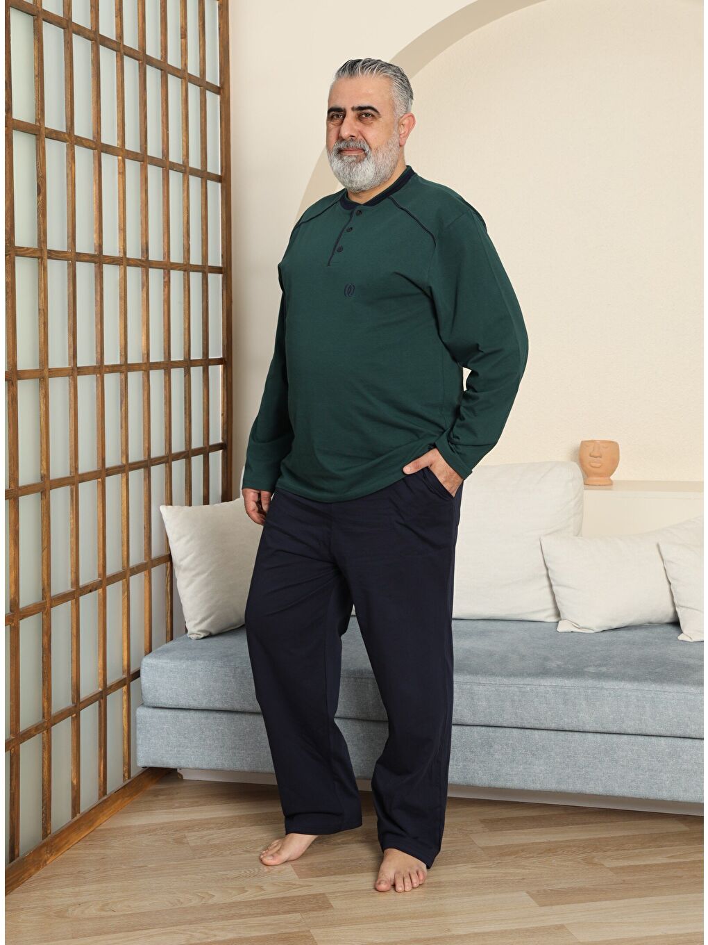 Haki PREMIUM Erkek %100 Doğal Pamuk Biyeli Yüksek Kaliteli Düğmeli Uzun Kollu Battal Pijama Takımı-1