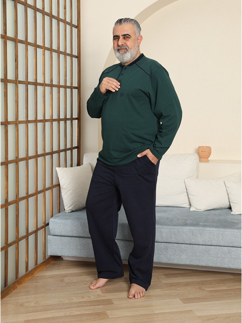 Haki PREMIUM Erkek %100 Doğal Pamuk Biyeli Yüksek Kaliteli Düğmeli Uzun Kollu Battal Pijama Takımı-2