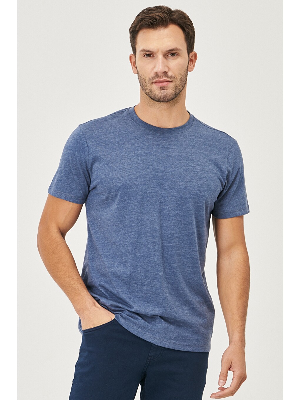 Erkek Beyaz-lacivert-sarı-kırmızı-indigo Melanj Slim Fit Dar Kesim Bisiklet Yaka 5'li Tişört Paketi-5