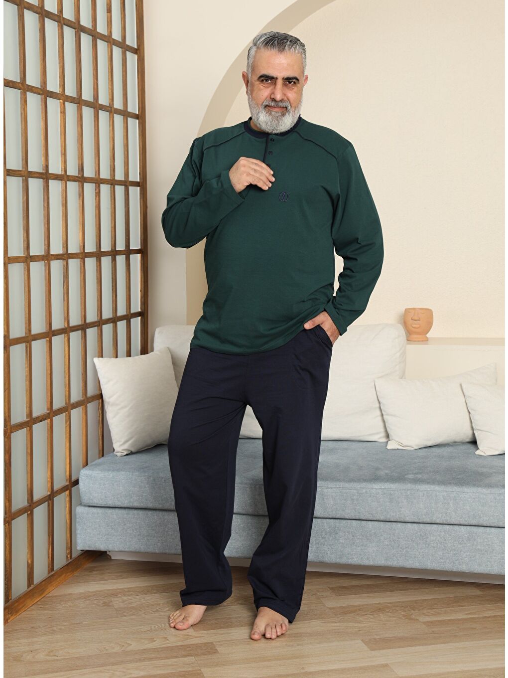 Haki PREMIUM Erkek %100 Doğal Pamuk Biyeli Yüksek Kaliteli Düğmeli Uzun Kollu Battal Pijama Takımı-3