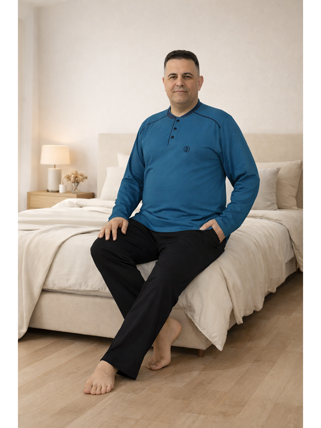 İndigo PREMIUM Erkek %100 Doğal Pamuk Biyeli Yüksek Kaliteli Düğmeli Uzun Kollu Battal Pijama Takımı