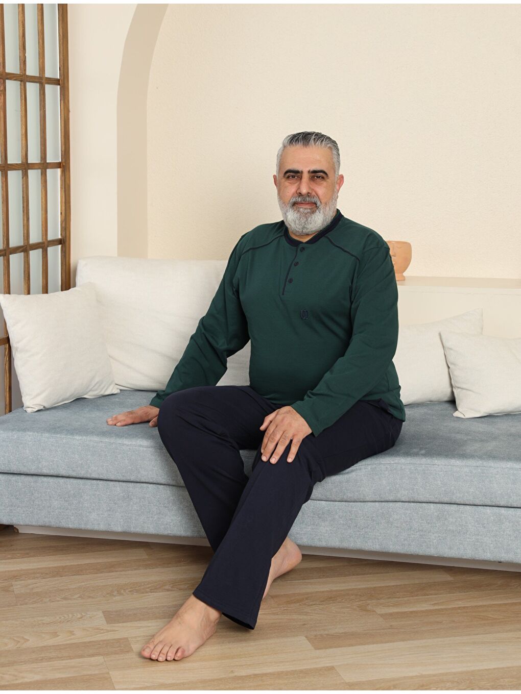 Haki PREMIUM Erkek %100 Doğal Pamuk Biyeli Yüksek Kaliteli Düğmeli Uzun Kollu Battal Pijama Takımı-4