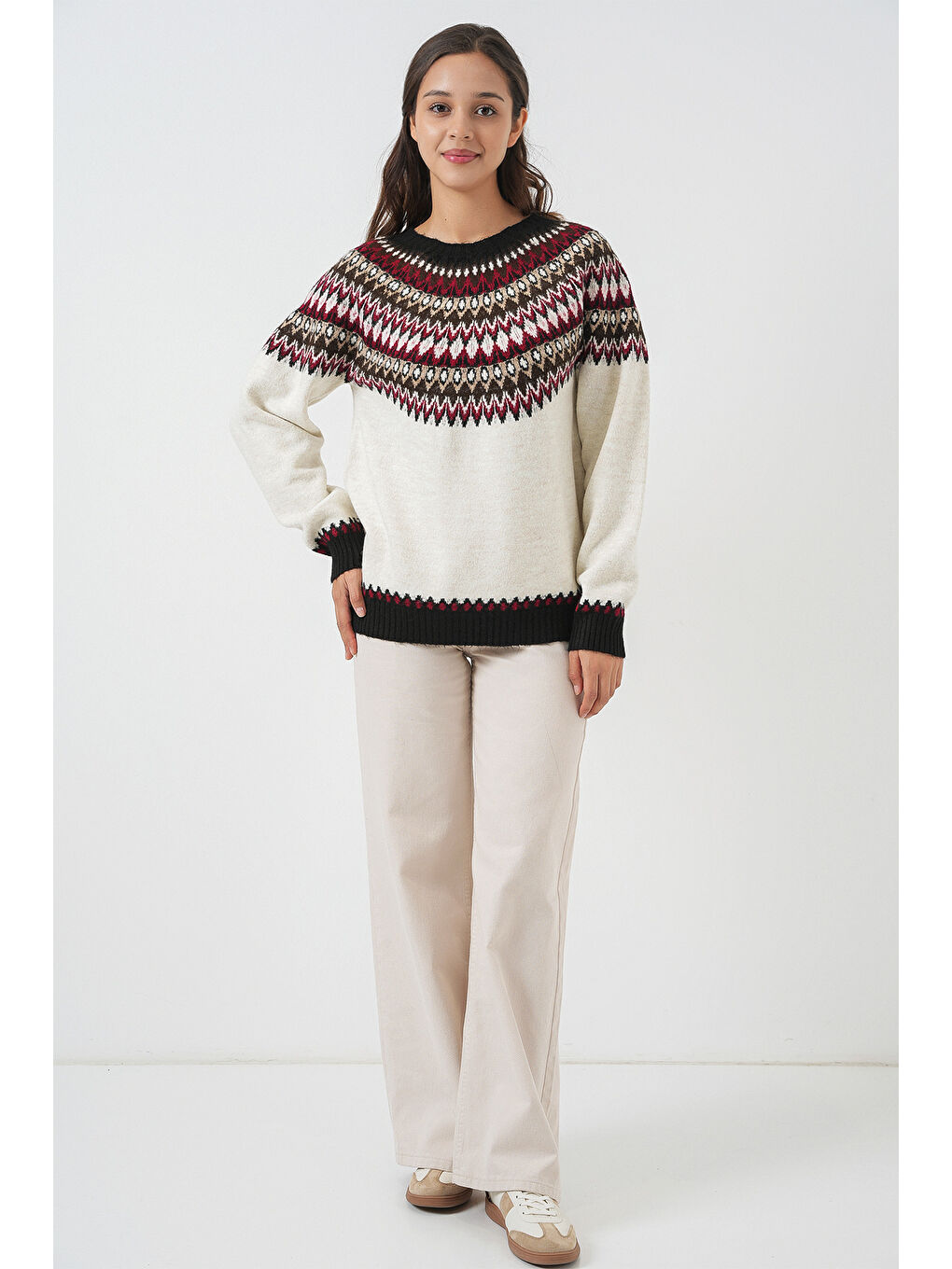 Kadın Desenli Triko Kazak 15932 - Ekru-1
