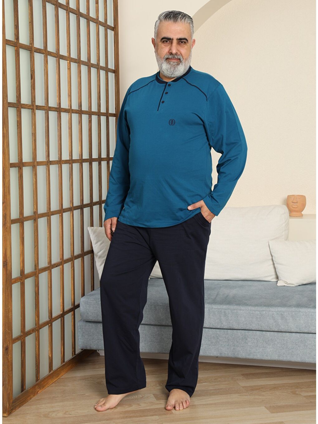 İndigo PREMIUM Erkek %100 Doğal Pamuk Biyeli Yüksek Kaliteli Düğmeli Uzun Kollu Battal Pijama Takımı-1