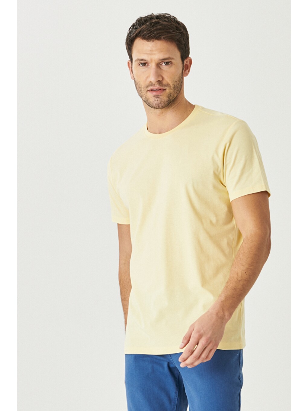 Erkek Beyaz-lacivert-sarı-kırmızı-indigo Melanj Slim Fit Dar Kesim Bisiklet Yaka 5'li Tişört Paketi-11
