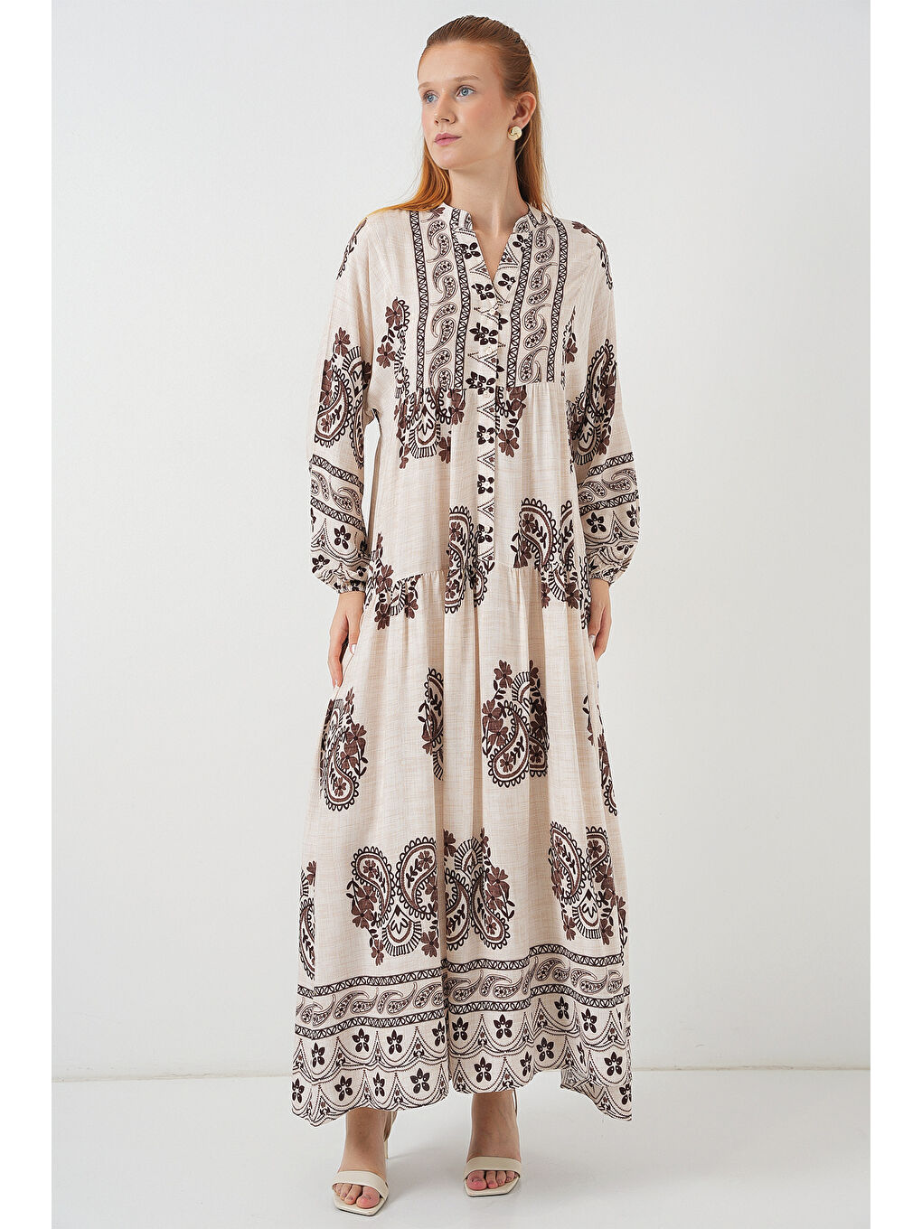 Kadın Desenli Uzun Tesettür Elbise 2585 - M. Kahverengi-2