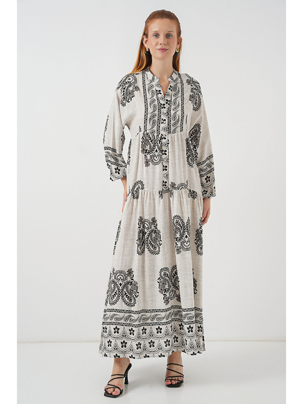 Bej Kadın Desenli Uzun Tesettür Elbise 2585 - Taş