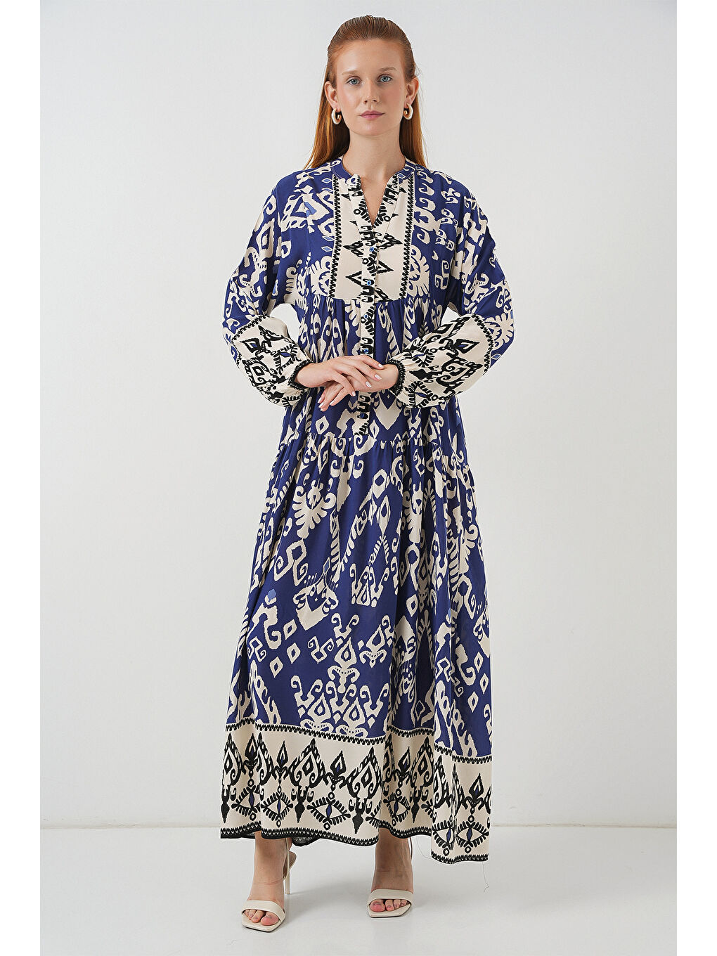 Kadın Desenli Uzun Tesettür Elbise 2585 - İndigo