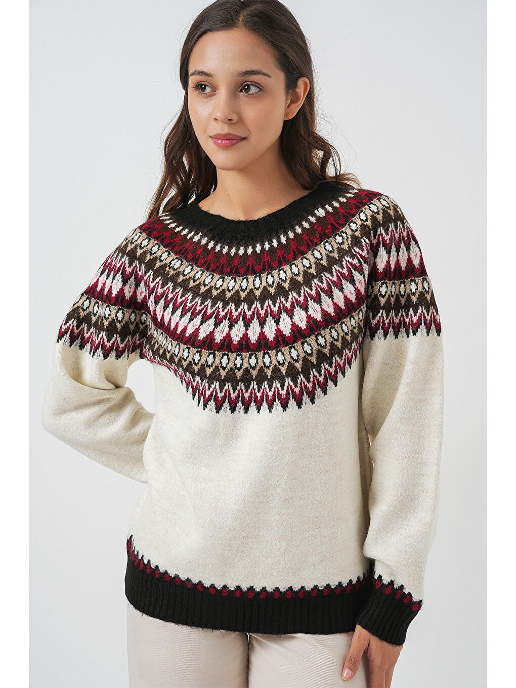 Kadın Desenli Triko Kazak 15932 - Ekru-2