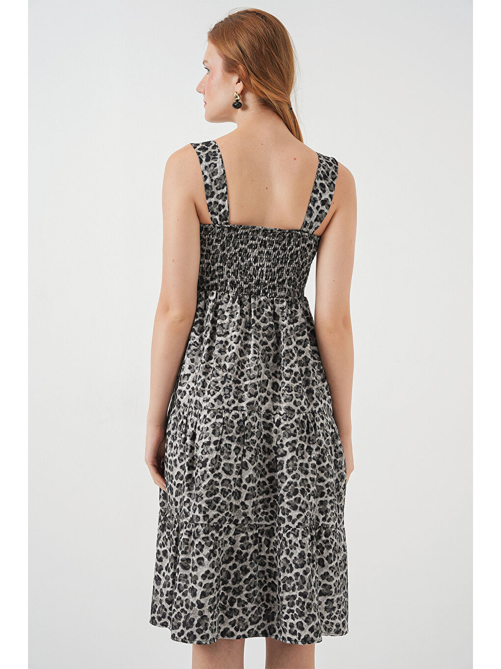 Kadın Desenli Askılı Midi Elbise 2577 - Antrasit-5