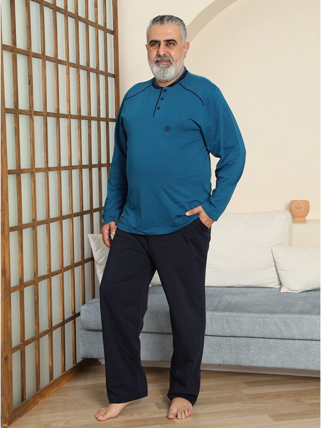 İndigo PREMIUM Erkek %100 Doğal Pamuk Biyeli Yüksek Kaliteli Düğmeli Uzun Kollu Battal Pijama Takımı-2