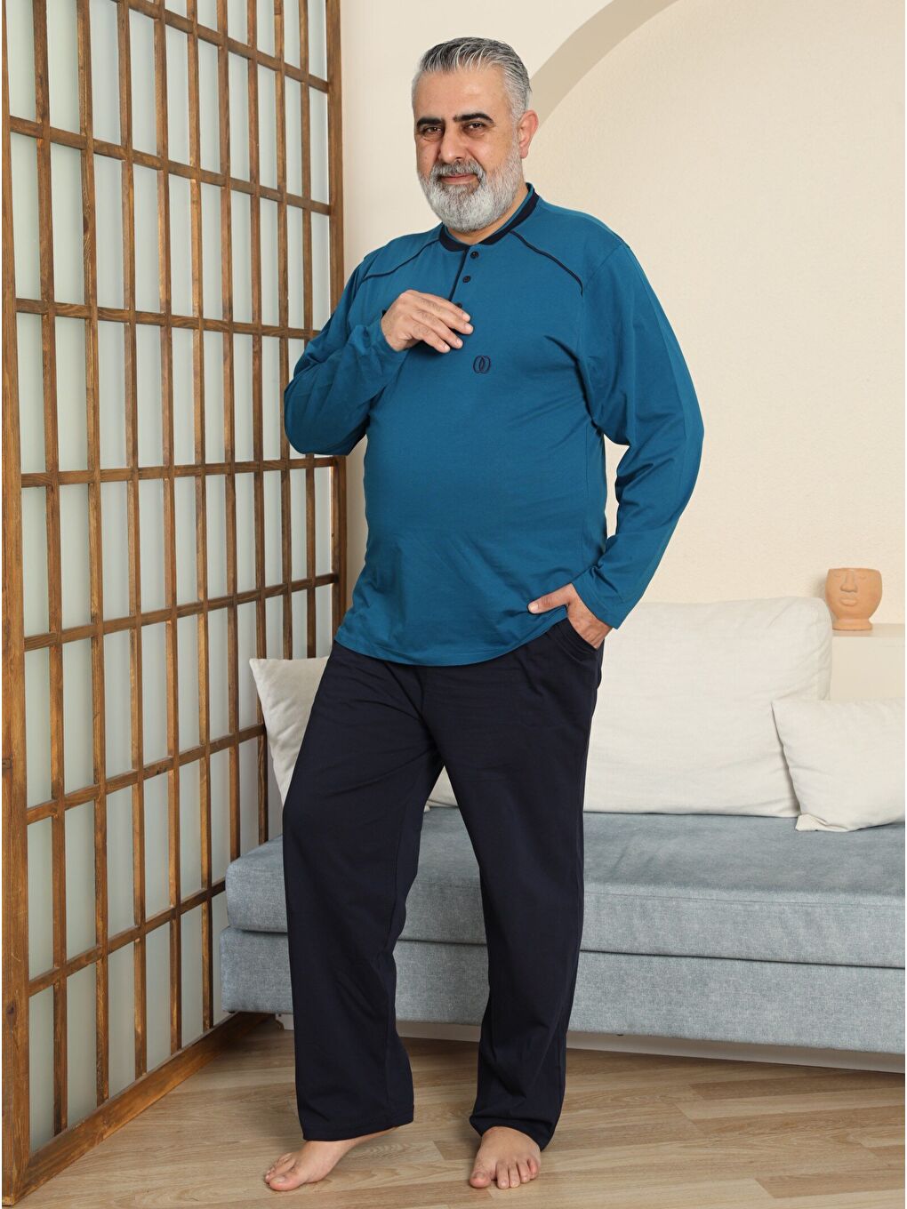 İndigo PREMIUM Erkek %100 Doğal Pamuk Biyeli Yüksek Kaliteli Düğmeli Uzun Kollu Battal Pijama Takımı-3