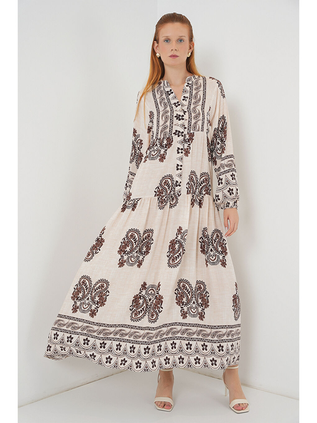 Kadın Desenli Uzun Tesettür Elbise 2585 - M. Kahverengi-3