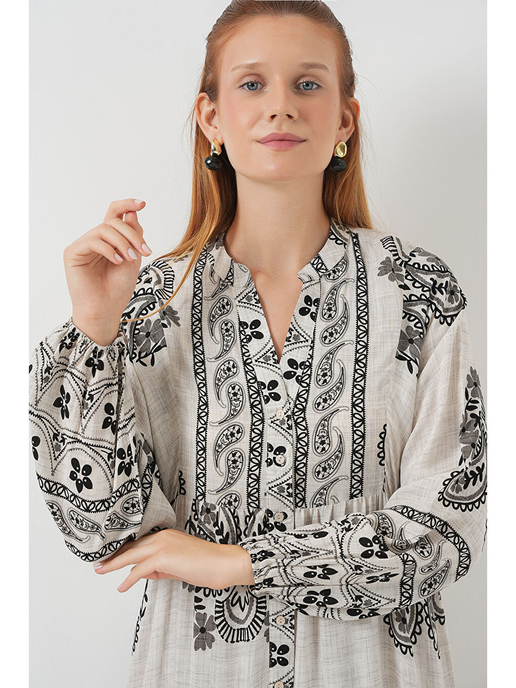 Bej Kadın Desenli Uzun Tesettür Elbise 2585 - Taş-1