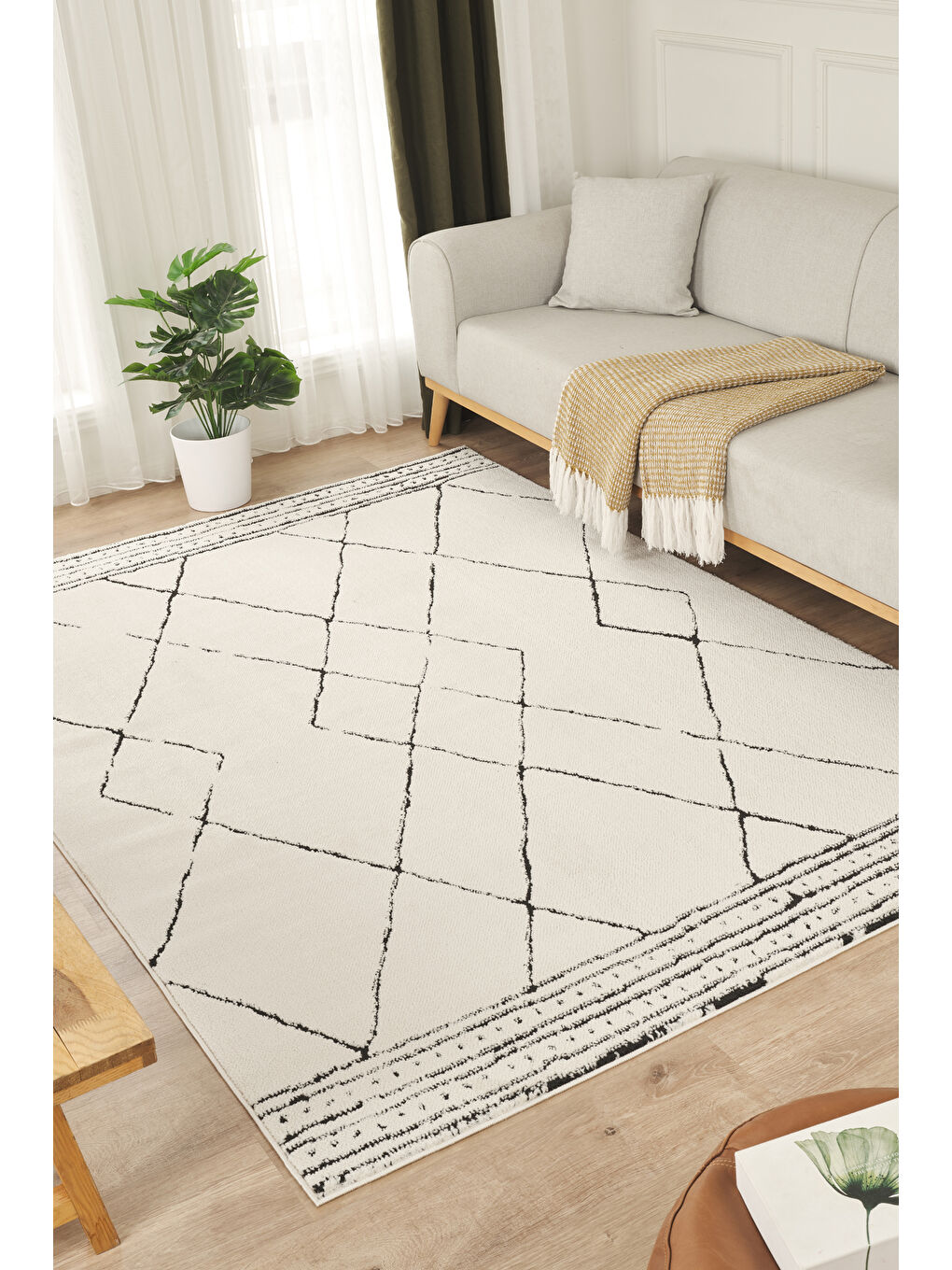 Ekru Konfor Jung 7186 Modern Dokuma Yumuşak Post Shaggy Halı-200x290